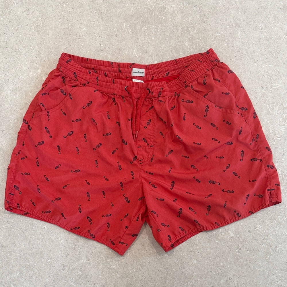 COAST TO COAST Red Swim Shorts with Sea Horse Print